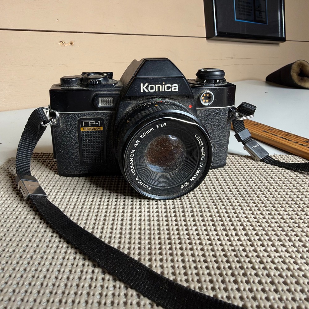 Konica FP-1 Program 35mm SLR Film Camera Hexanon AR 50mm f1.8 Lens Japan AS-IS